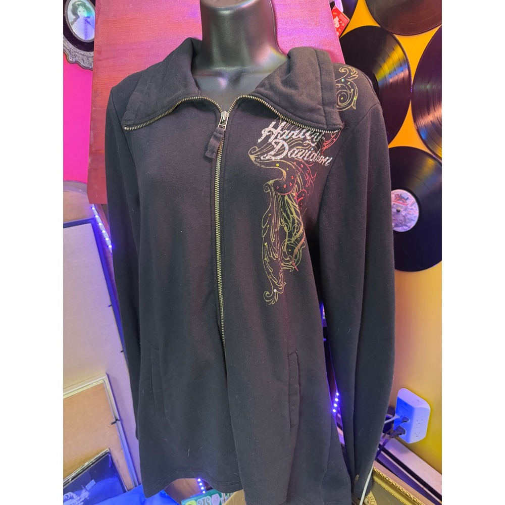 Harley Davidson Womens XL Black Rhinestone Graphic Full Zip Sweatshirt Jacket